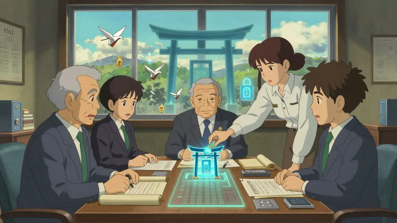 FSA regulators in a wooden office reviewing blockchain projections as paper cranes turn into digital tokens in Studio Ghibli style.