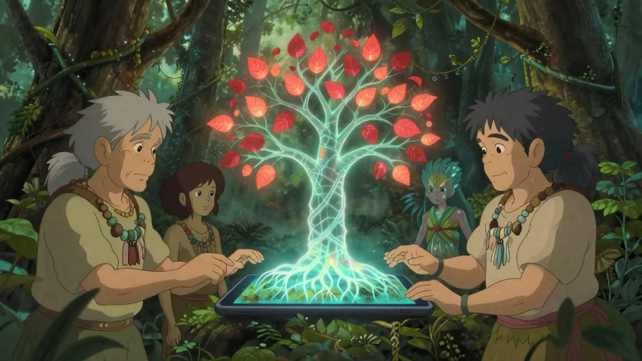 Indigenous elders in the Amazon observing a glowing blockchain tree tracking deforestation.