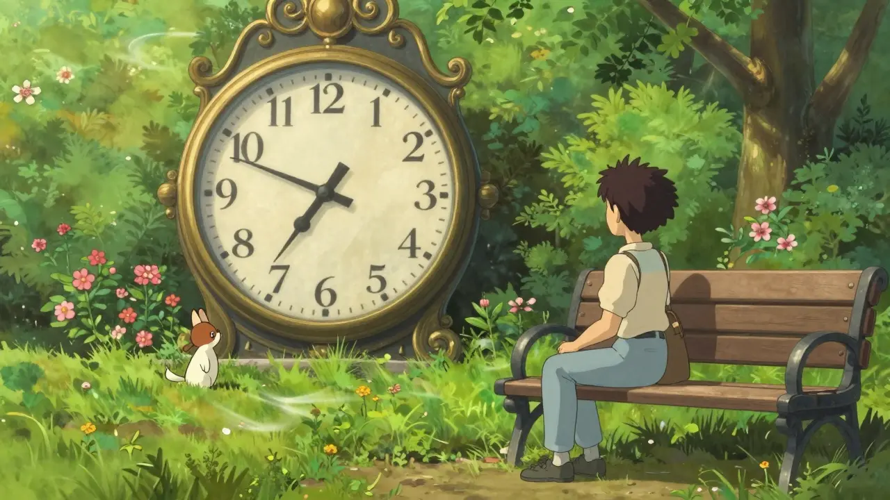 Person waiting 24 hours before crypto trade, clock showing time passing in a park