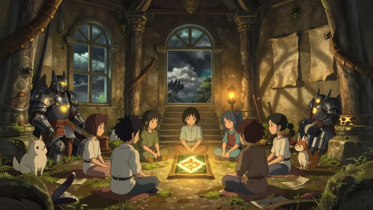 Players gathered around a glowing tablet in an ancient temple, surrounded by enchanted pets and armor, with golden light filtering through windows.