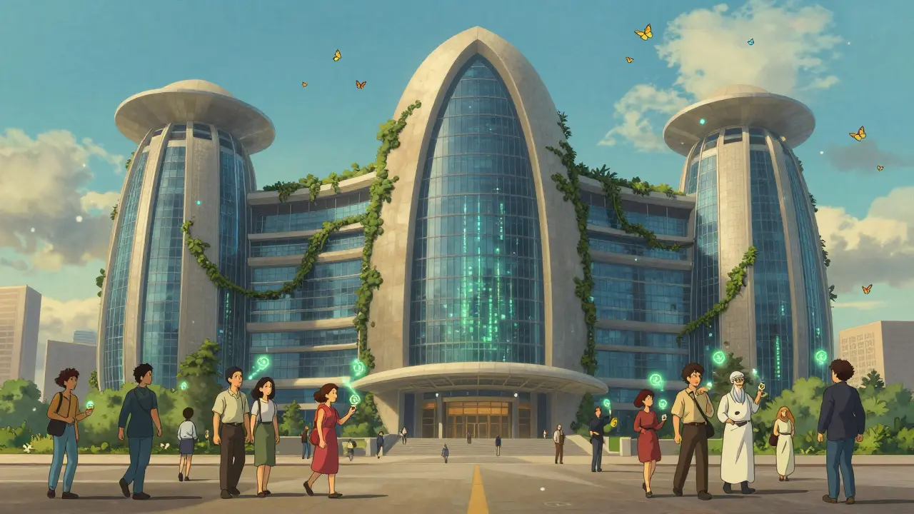 The Virtual Asset Regulatory Authority building blends nature and technology, with residents carrying glowing crypto tokens that dissolve into the air.