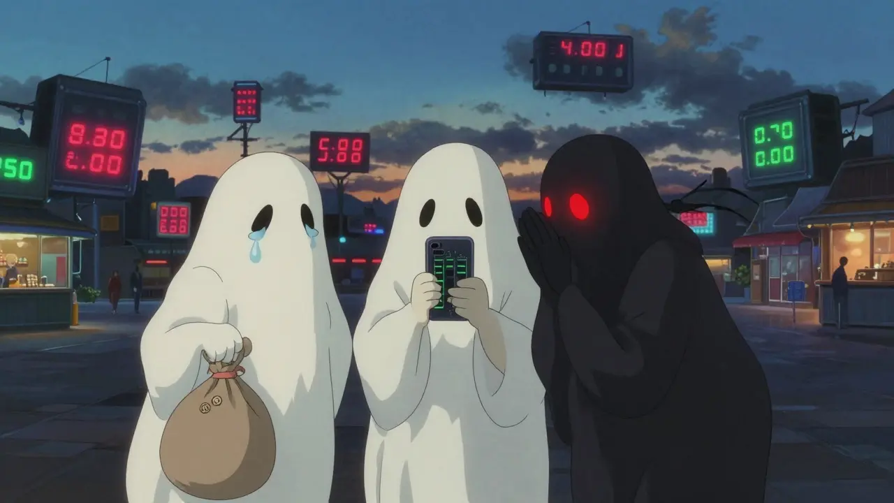Three ghostly figures stand in an empty digital marketplace with flickering price screens.