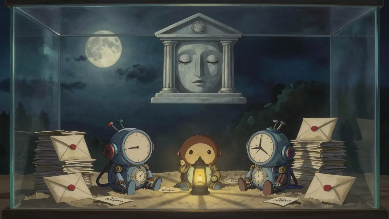 Three small mechanical creatures sit in a glass sandbox surrounded by unopened envelopes, under a moonlit sky with a giant faceless bank emblem above.