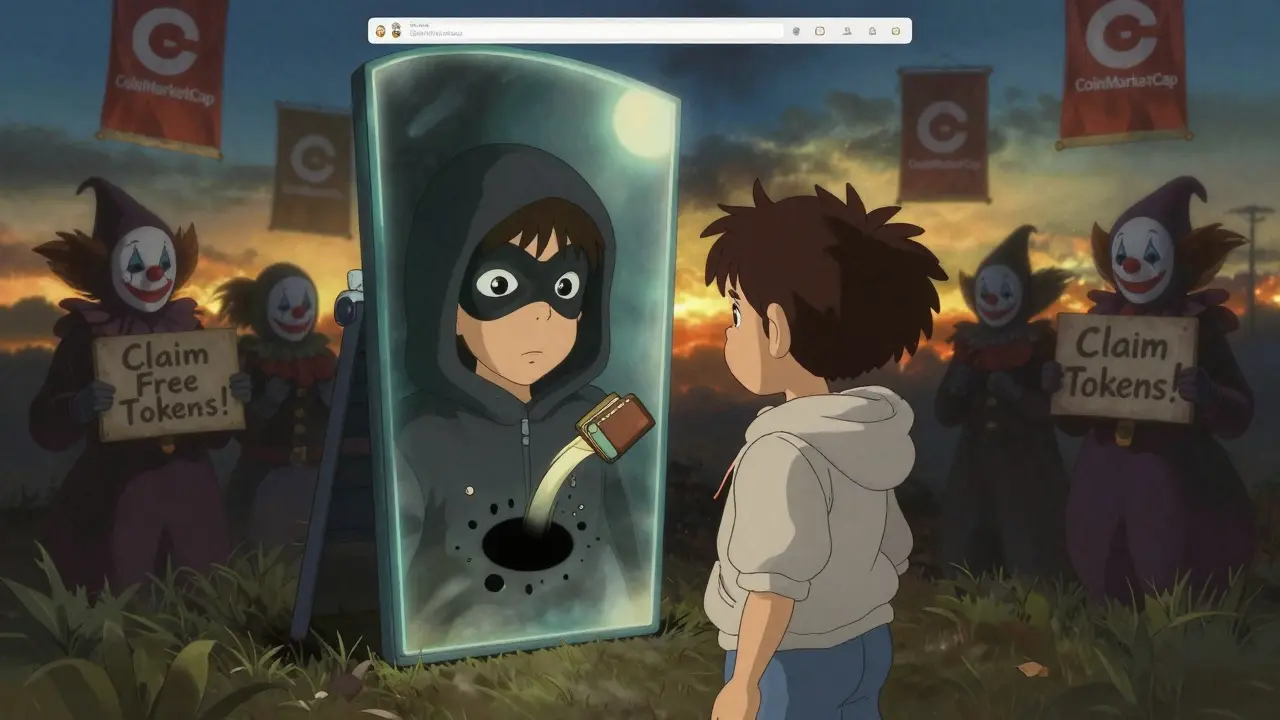 A child faces a mirror portal showing a hacker mask and emptying wallet, while real crypto banners glow above.