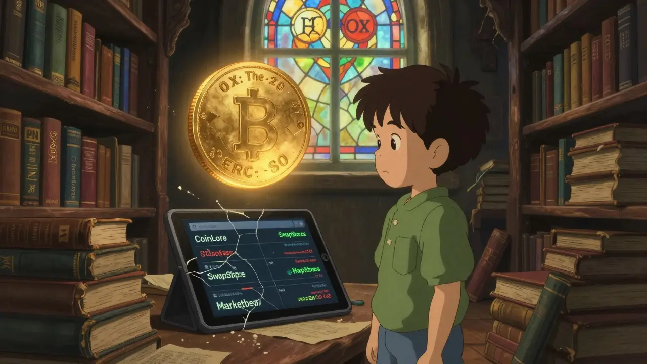 A child in a dusty library surrounded by forgotten crypto books, watching conflicting OX price data flicker on a broken tablet.