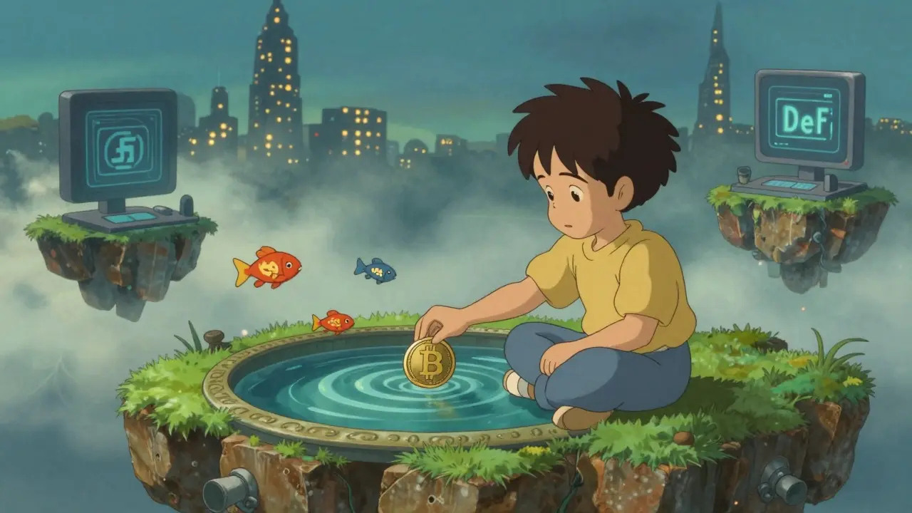 A child places a BUNI token into a pond, where ripples form crypto symbols swimming toward distant DeFi towers.