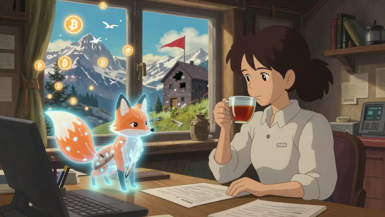 A compliance officer in a Swiss chalet is helped by a fox-shaped AI assistant filling out regulatory forms automatically.