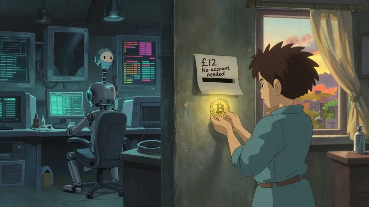 A contrast between a high-tech crypto exchange and a quiet UK home receiving Bitcoin through a mail slot.