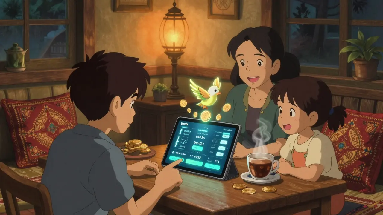 A family gathers in a warm home as a child shows them Upbit Indonesia's app, with digital coins fluttering like birds.