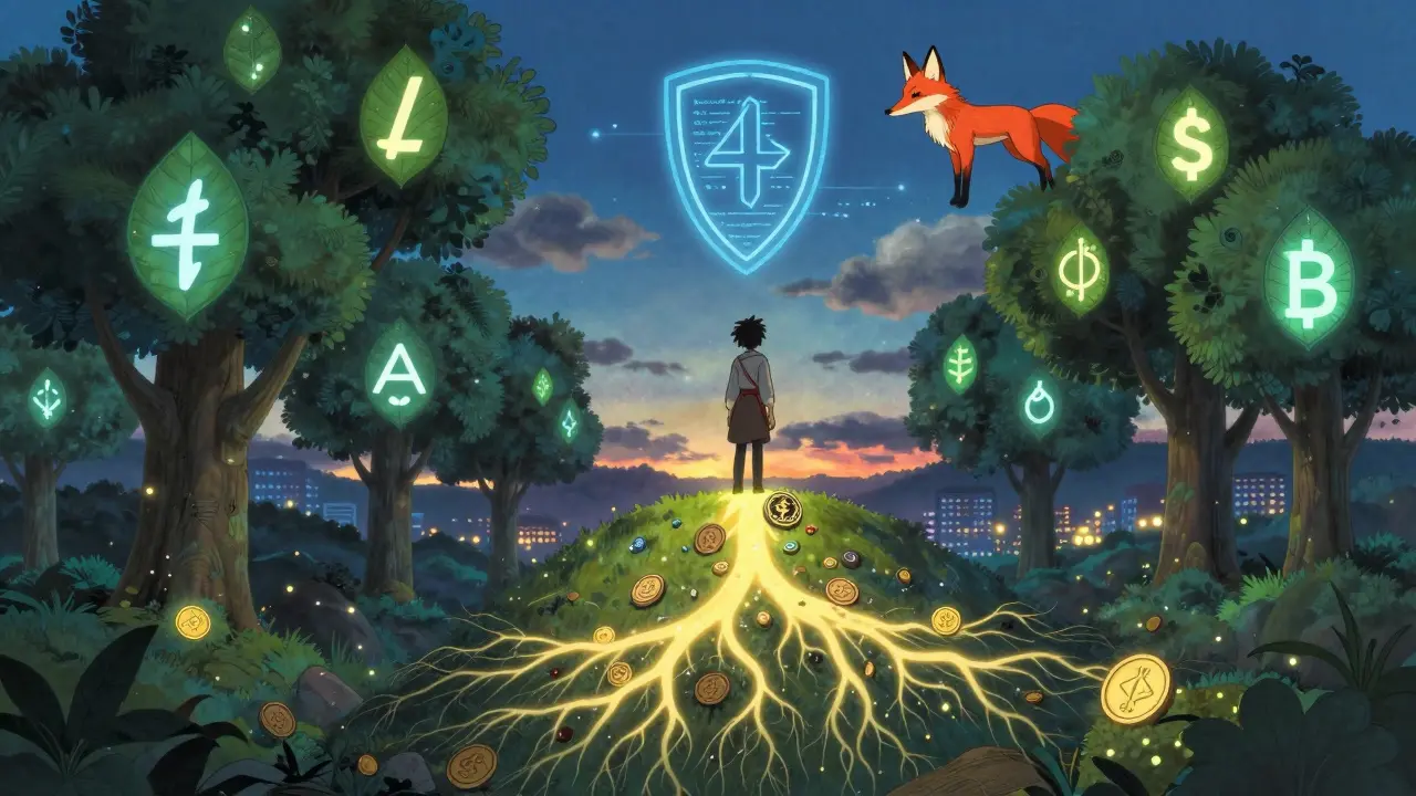 A figure stakes crypto in a mystical forest of blockchain trees under a starry sky, watched over by a glowing fox of code.