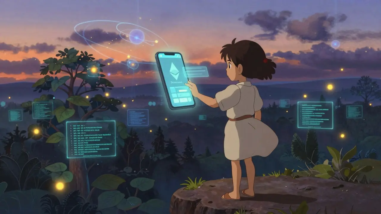 A girl holding a device that transforms an Ethereum dApp into SAFE, surrounded by glowing code-trees and orbiting supernodes.