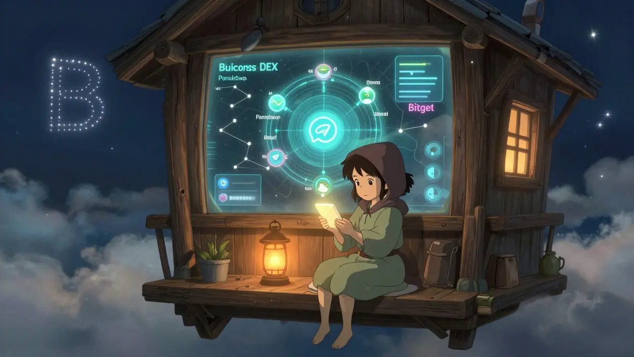 A girl in a hooded robe receives a glowing Telegram message from an owl messenger in a cloud cabin.