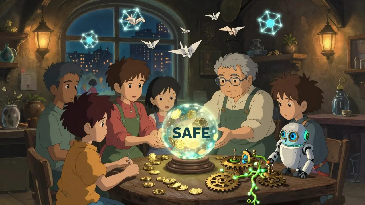 A group of people pooling coins into a crystal orb as a robot helps build a master node in a cozy workshop.