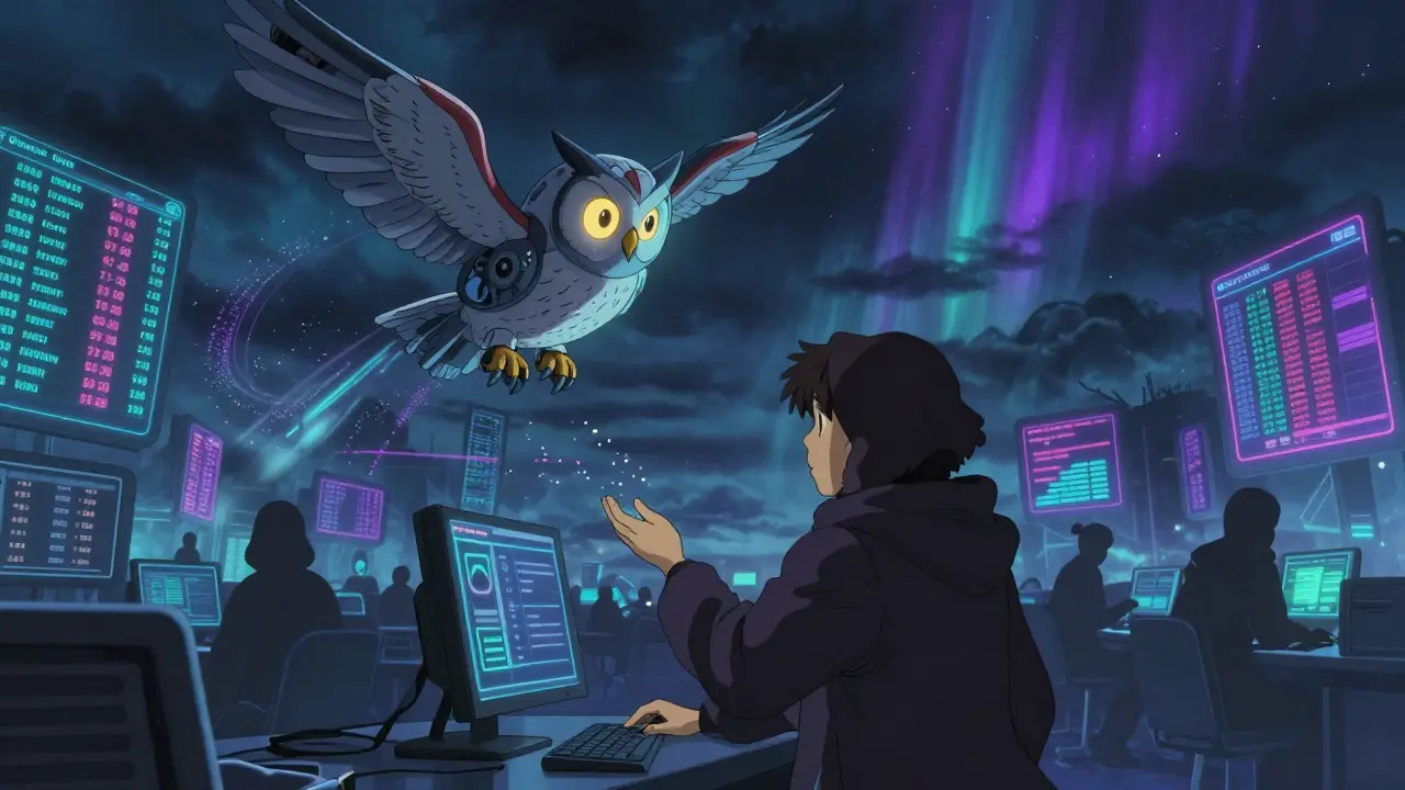 A high-tech trading floor with mechanical owls and data trails in Studio Ghibli's neon-lit nighttime aesthetic.