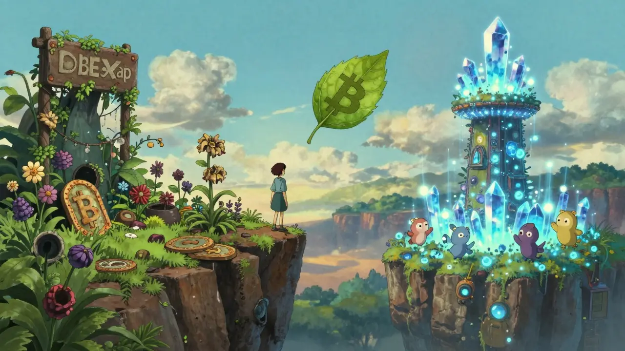 A lone figure stands between a decaying BabySwap garden and a luminous Bitcoin staking tower, symbolizing the choice between old and new DeFi.