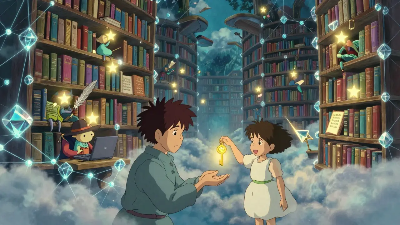 A magical library of blockchain books is sorted by forest spirits, with golden stars marking compliant transactions.