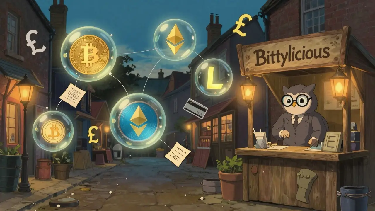 A magical marketplace of glowing crypto orbs and a gentle owl-like broker overseeing UK bank transfers.