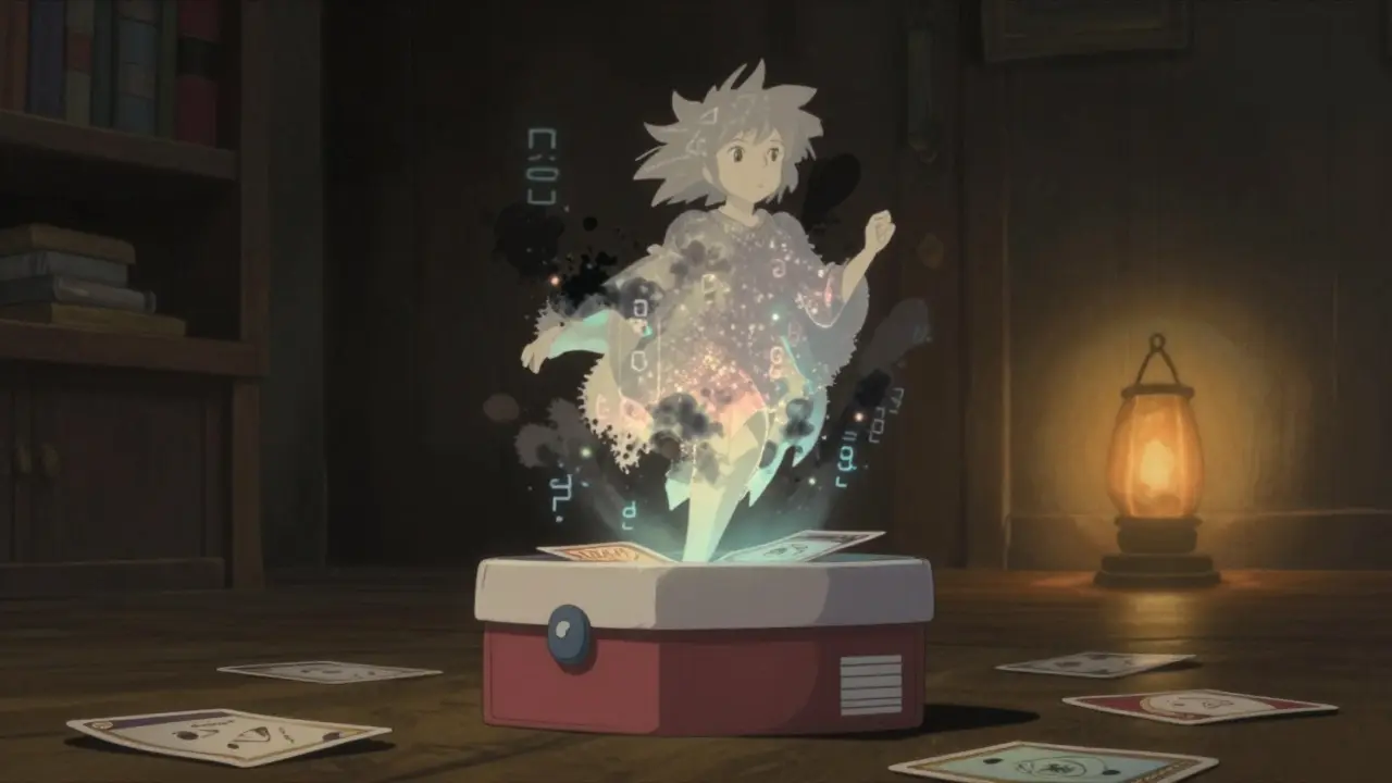 A paper-and-ink spirit flickering above a closed shoebox, half-dissolving into digital particles in soft twilight.