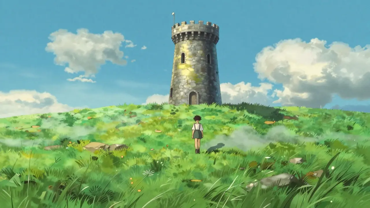 A person walking confidently toward a sturdy stone tower in a bright green meadow.