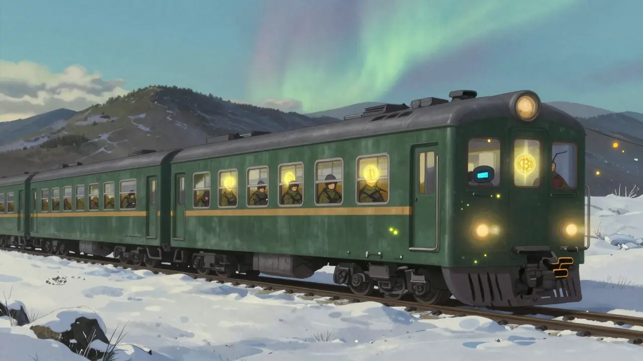 A silent train crosses a snowy border with glowing crypto coins floating like fireflies inside its windows.