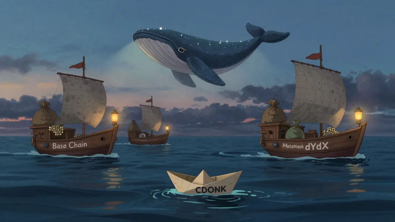 A sinking CDONK boat drifts in a digital sea as legitimate crypto ships sail safely under a blockchain whale.