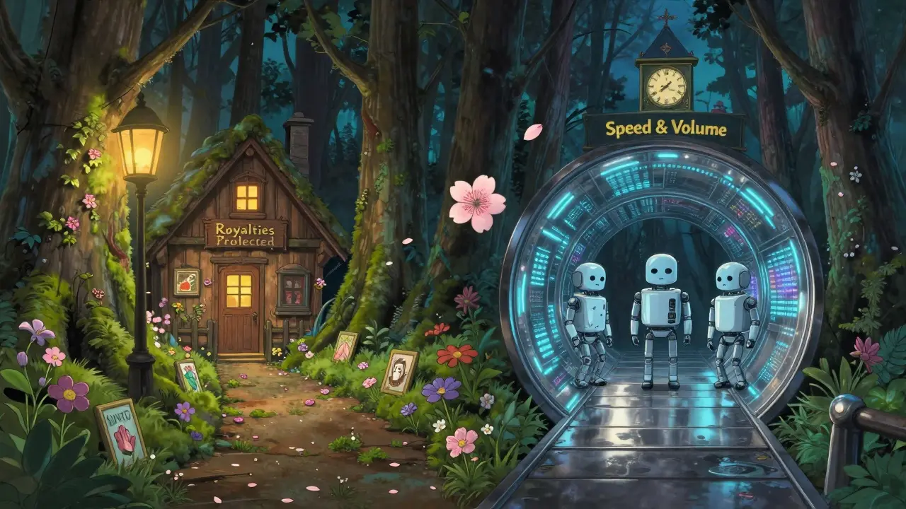 A symbolic forest path splitting between artist-friendly and trader-focused NFT worlds in Studio Ghibli style.