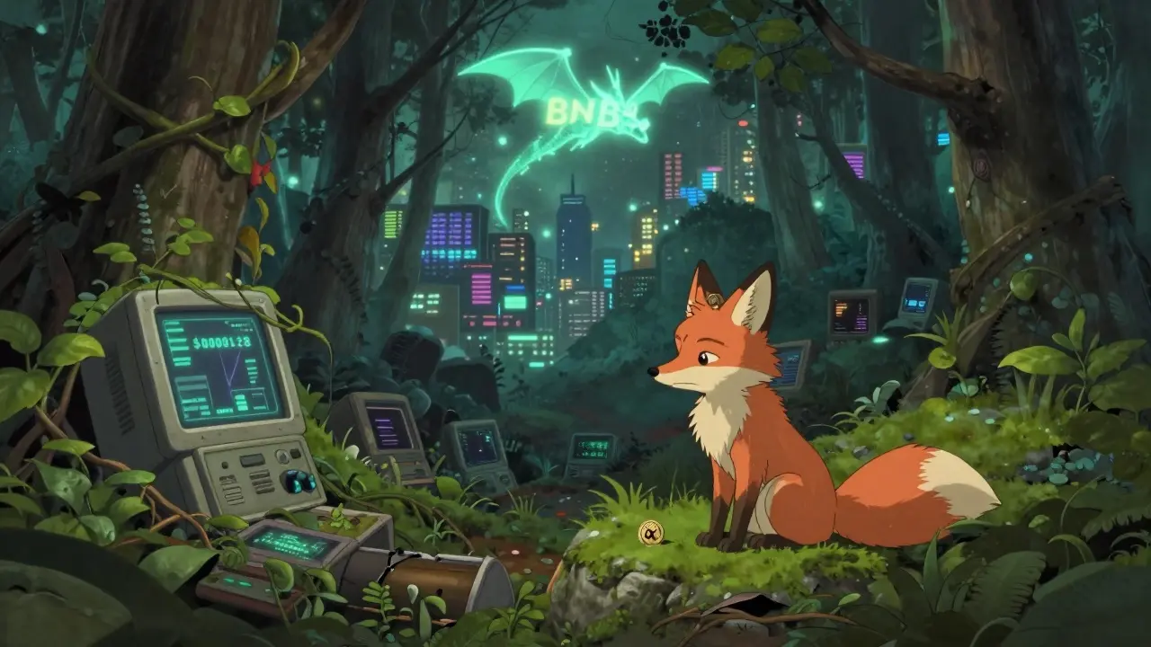 A weary fox with OX token ears sits amid broken trading terminals in an overgrown digital forest, under a fading sunset.