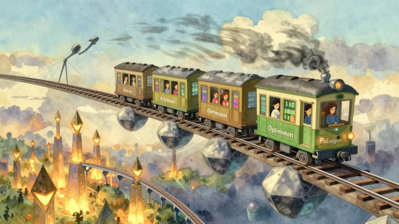 A whimsical blockchain train glides over floating nodes, with Layer 2 cabins and a fragile Solana bridge.