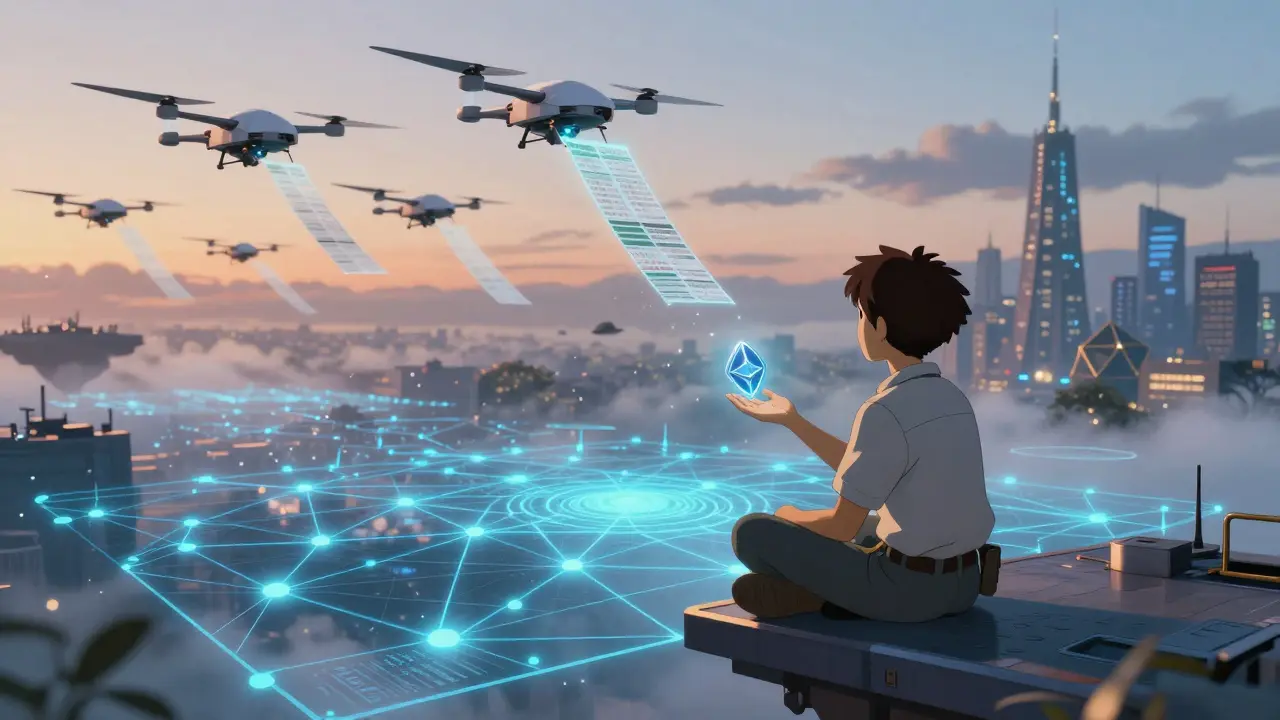 A young engineer watching AI drones carry blockchain data across digital horizons at dawn.