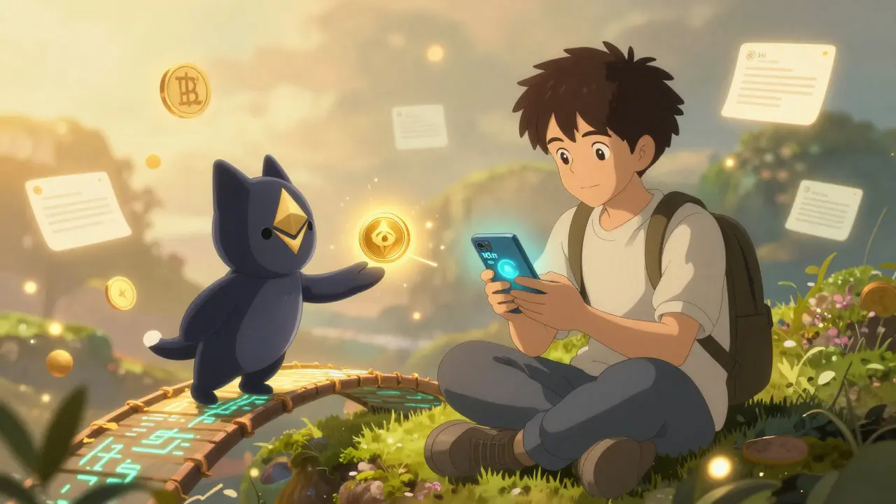 A young explorer swaps tokens via a mobile app as spirit creatures pass a coin across a code bridge.