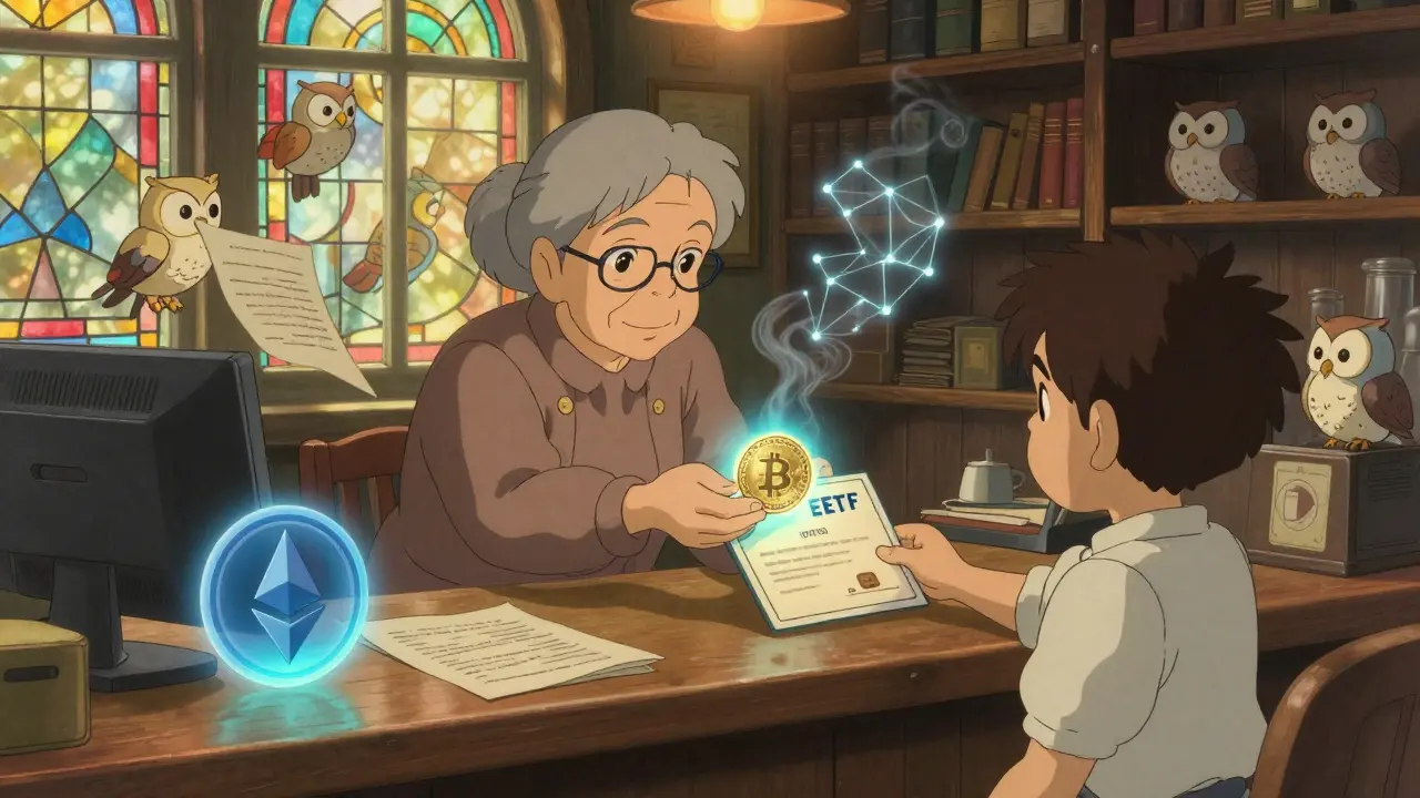 An elderly woman exchanging a Bitcoin coin for an ETF certificate at a cozy brokerage counter, with glowing Ethereum light and robotic owls nearby.