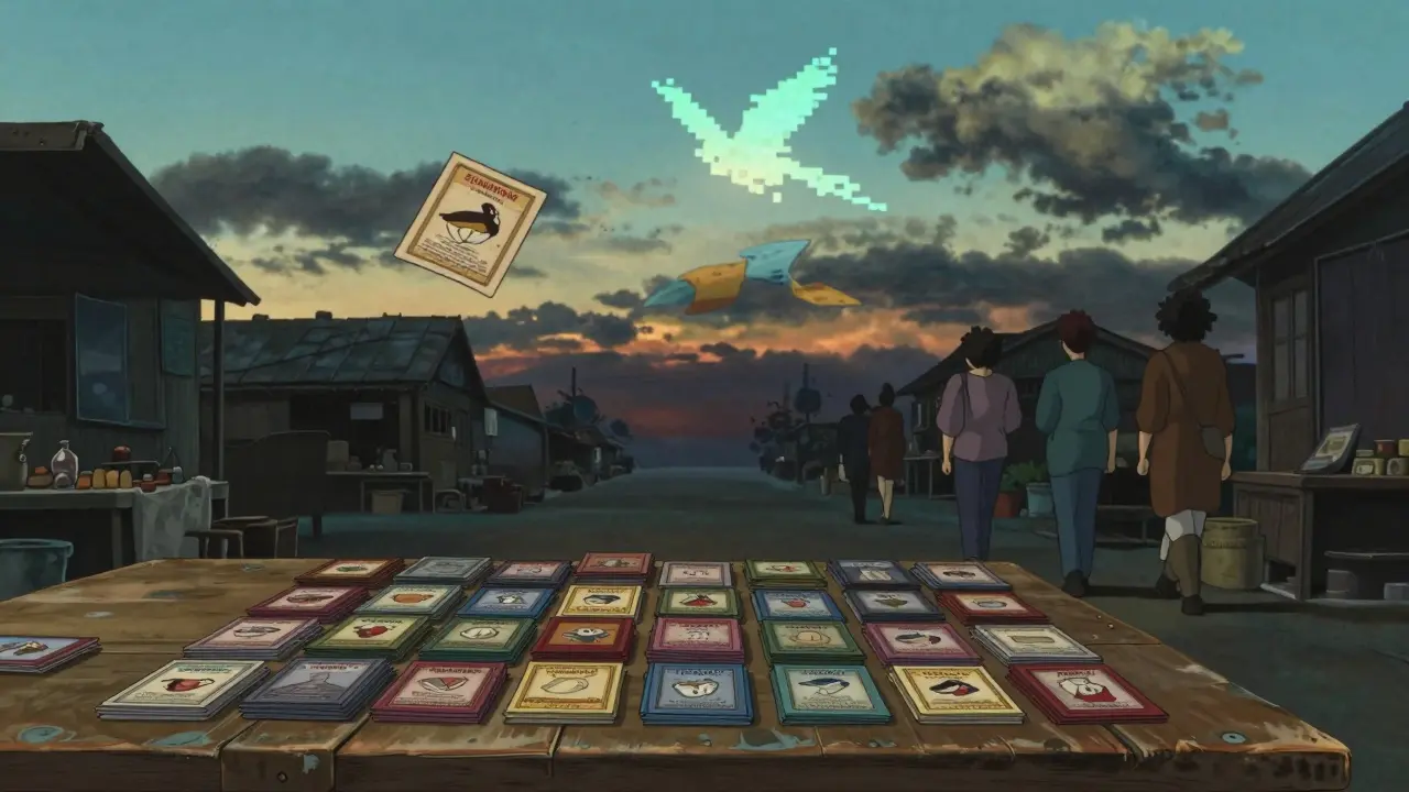 An empty marketplace at dusk with a single trading card drifting into the sky, transforming into a fading pixel bird.