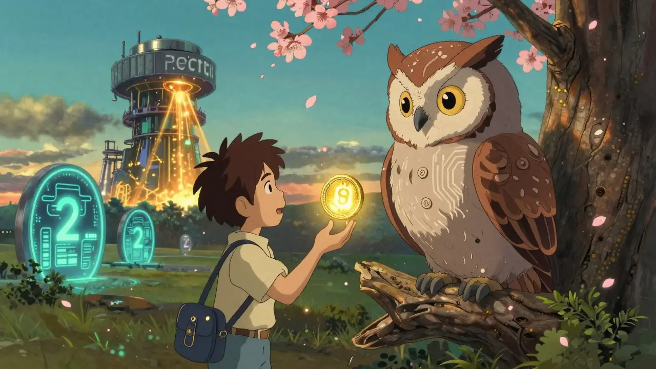An owl offers a USDC coin to a traveler as Layer 2 portals shimmer in the background.