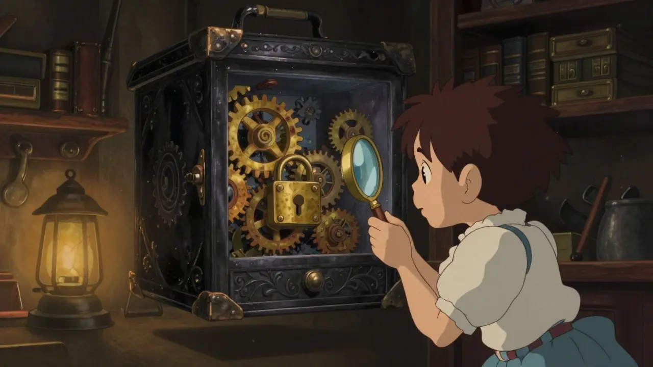 Explorer inspecting mysterious black box with gears using magnifying glass.