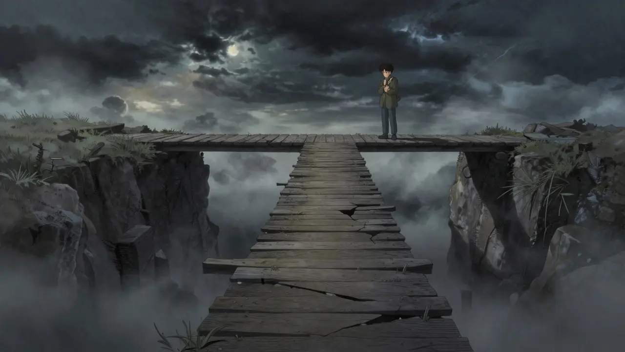 Figure standing on a cracking bridge over a dark stormy abyss.