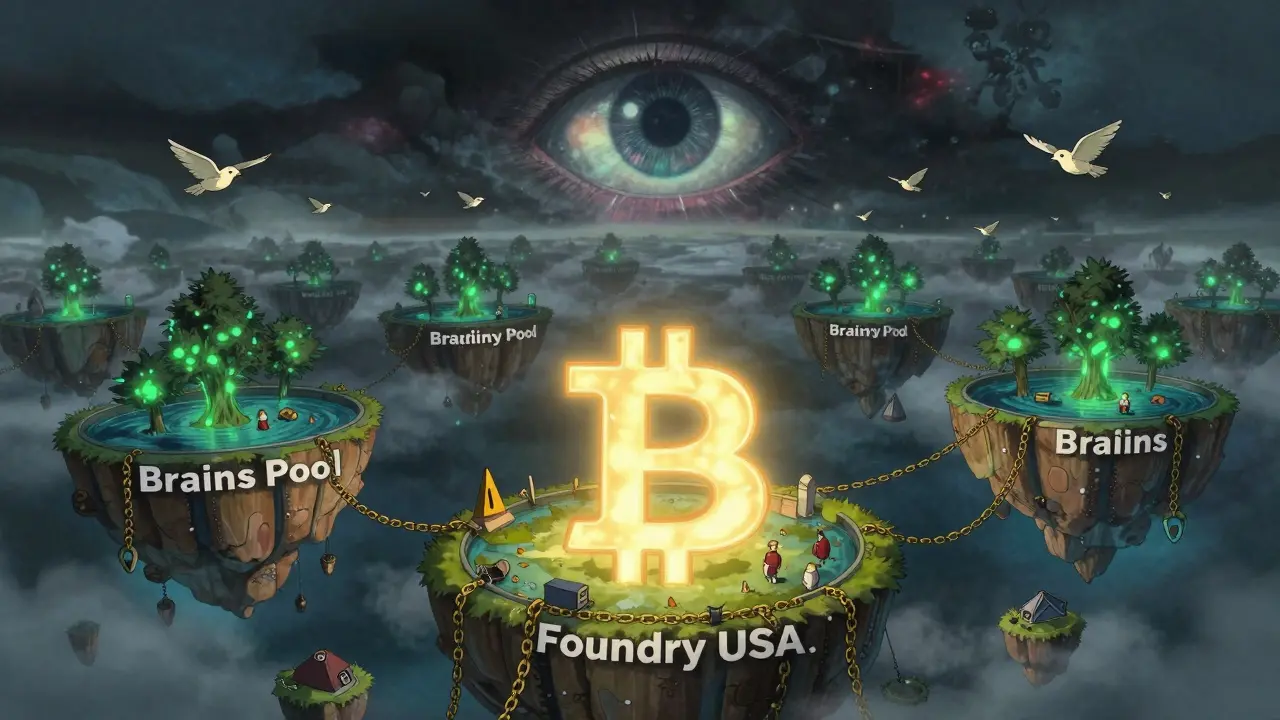 Floating Bitcoin-shaped islands representing mining pools, with glowing lights and symbolic creatures under a watchful celestial eye.