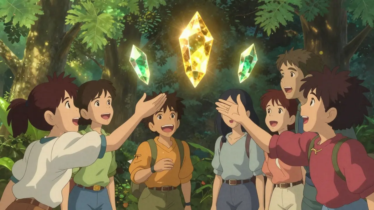 Friends in clearing reaching for floating glowing crystals.