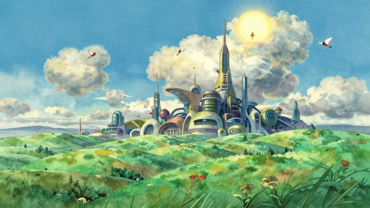 Futuristic metropolis blends with nature and sky