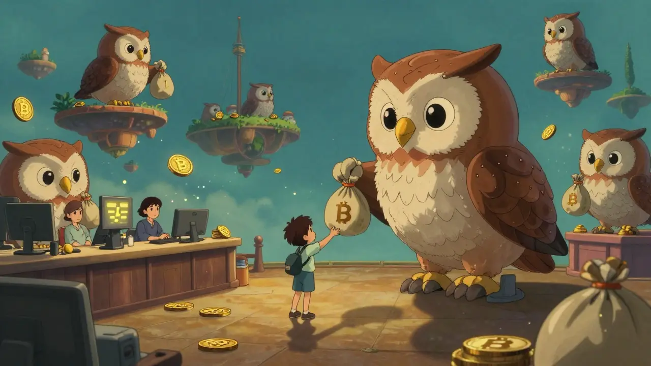 Giant mechanical owls deliver BABY tokens to floating platforms in a whimsical Binance trading harbor under golden twilight.