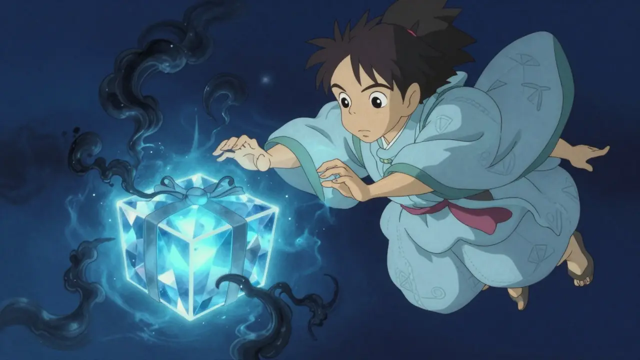 Guardian spirit protecting crystal box from dark smoke tendrils