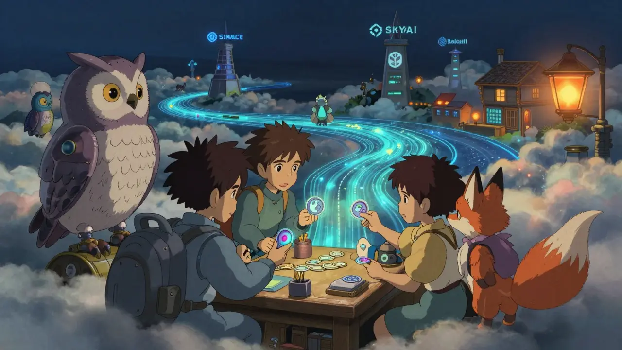 Mechanical creatures in a cloud workshop distributing SKYAI tokens via a glowing data marketplace.