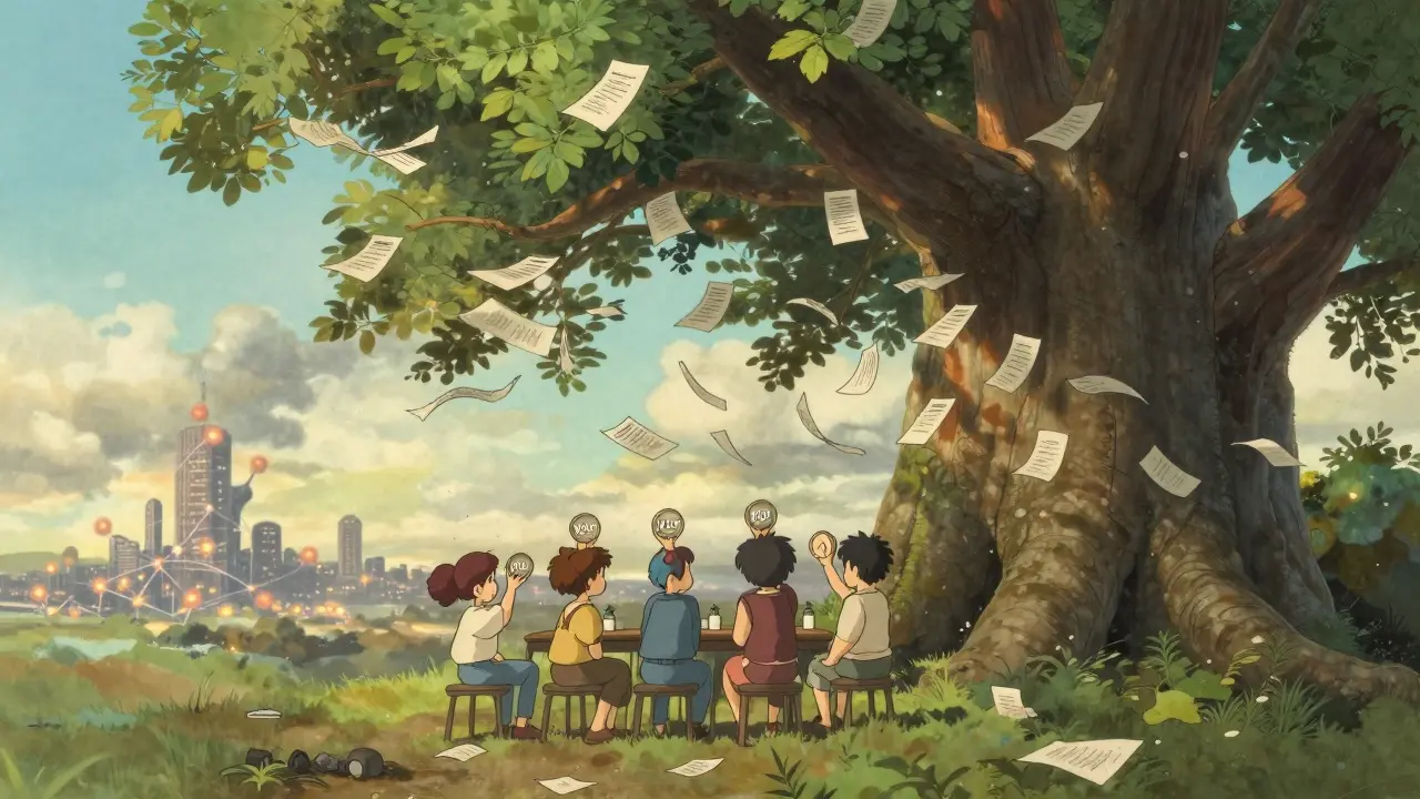 Small figures vote under a tree of animated ballots, with decentralized nodes glowing softly in the distance.