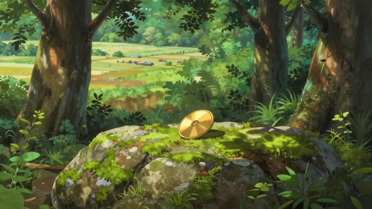 Small golden disc alone on mossy stone in sunny forest clearing