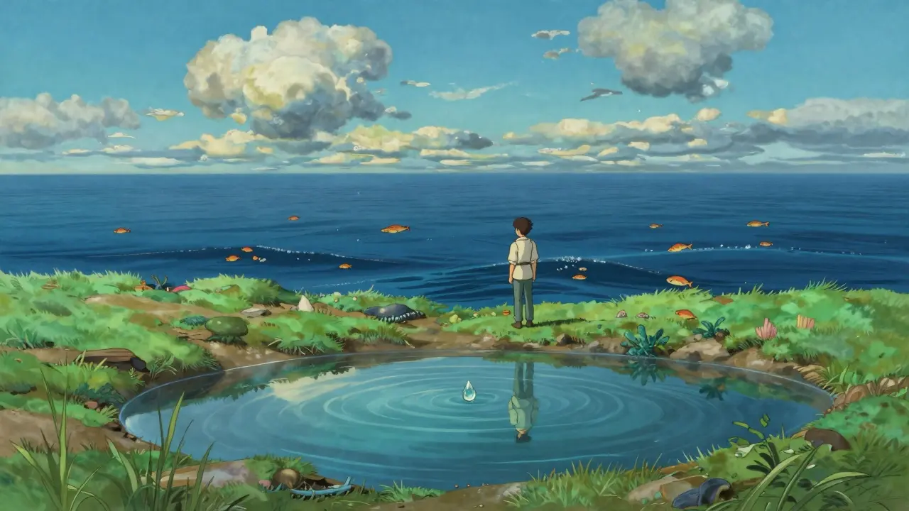 Small pond beside vast ocean in anime style