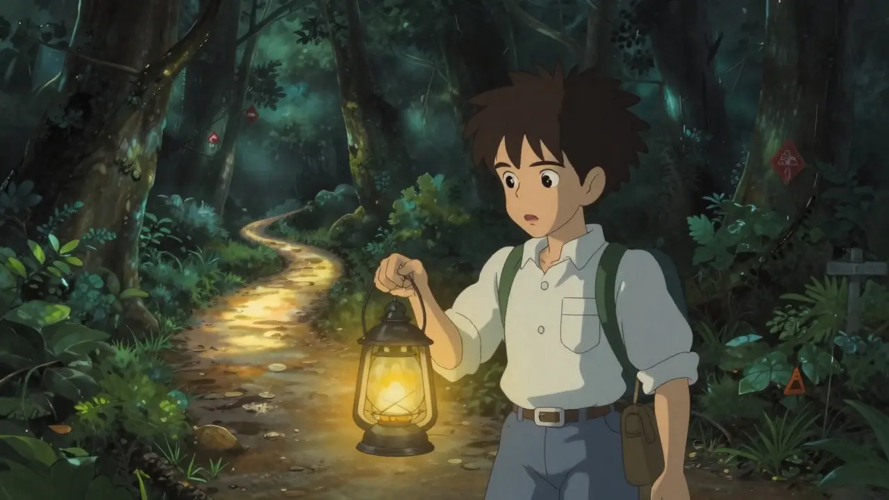 Traveler with lantern choosing between safe path and dark shadows.