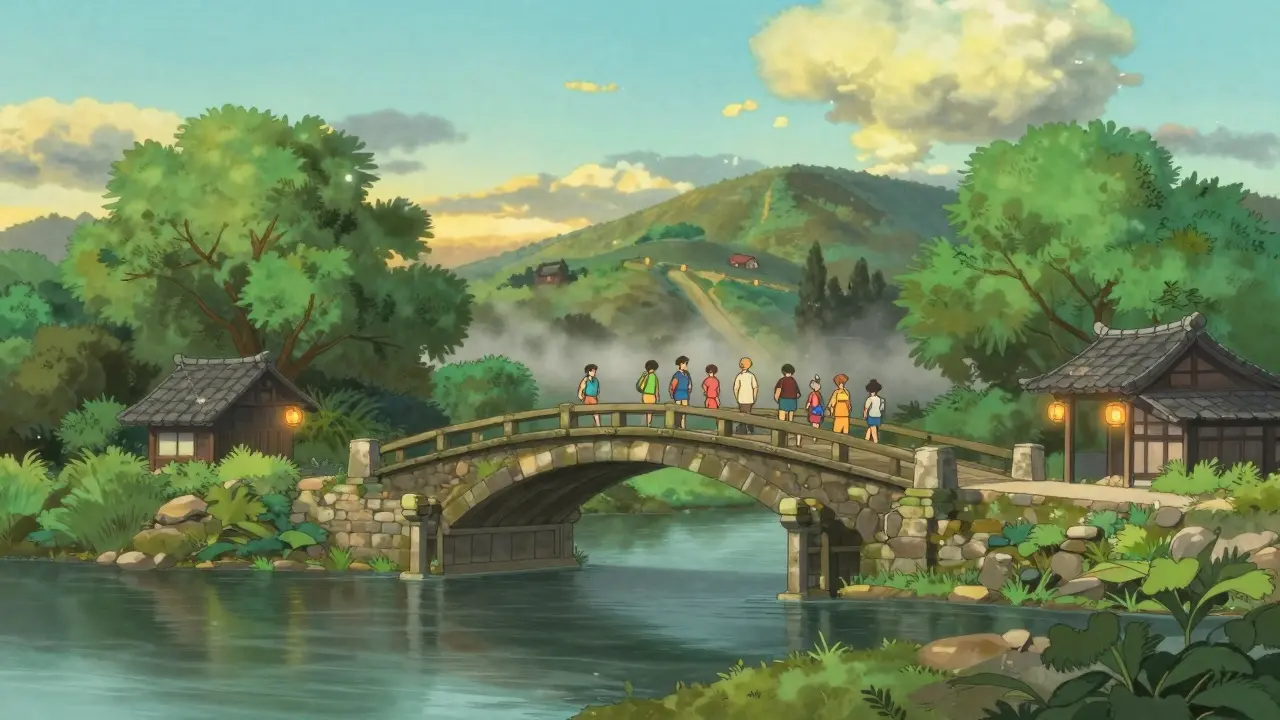 Travelers crossing sturdy stone bridge over calm river at golden hour.