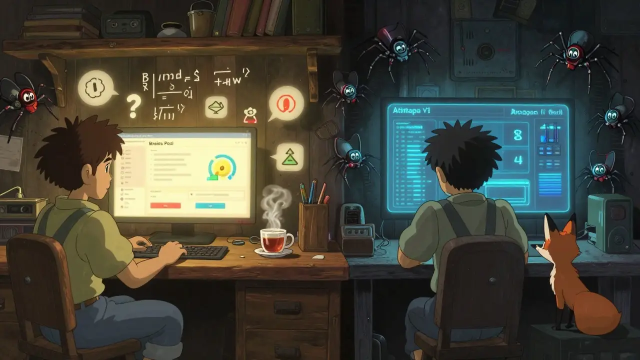 Two miners in Studio Ghibli style: one with a warm Braiins Pool dashboard, the other with flickering Antpool hardware and mechanical spiders.