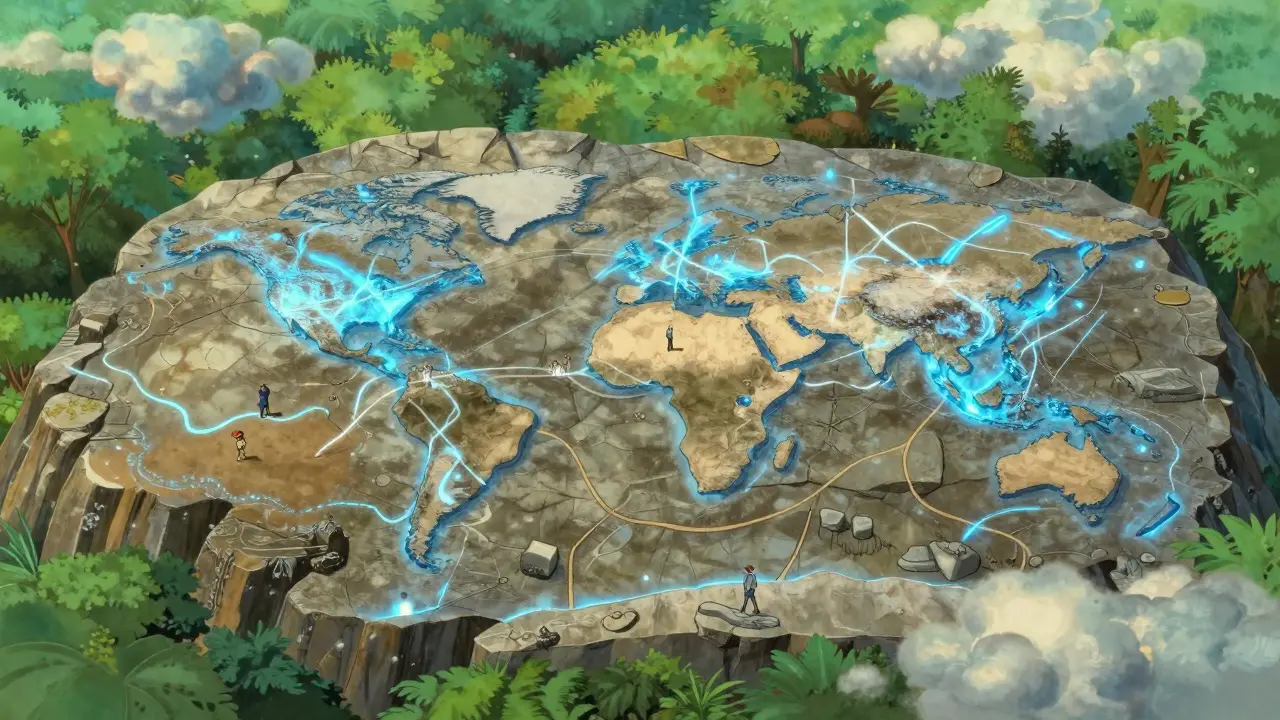 World map showing glowing data paths versus dry land