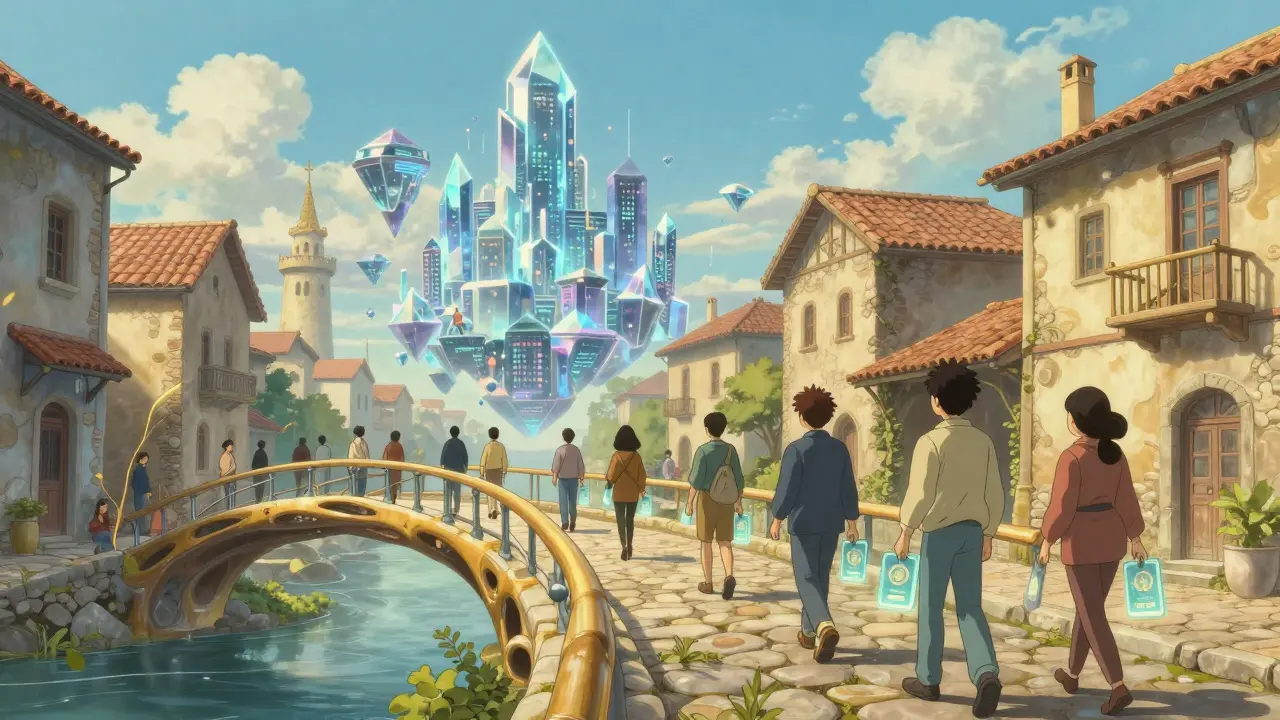 A bridge connecting a traditional street to a floating digital city in an anime style
