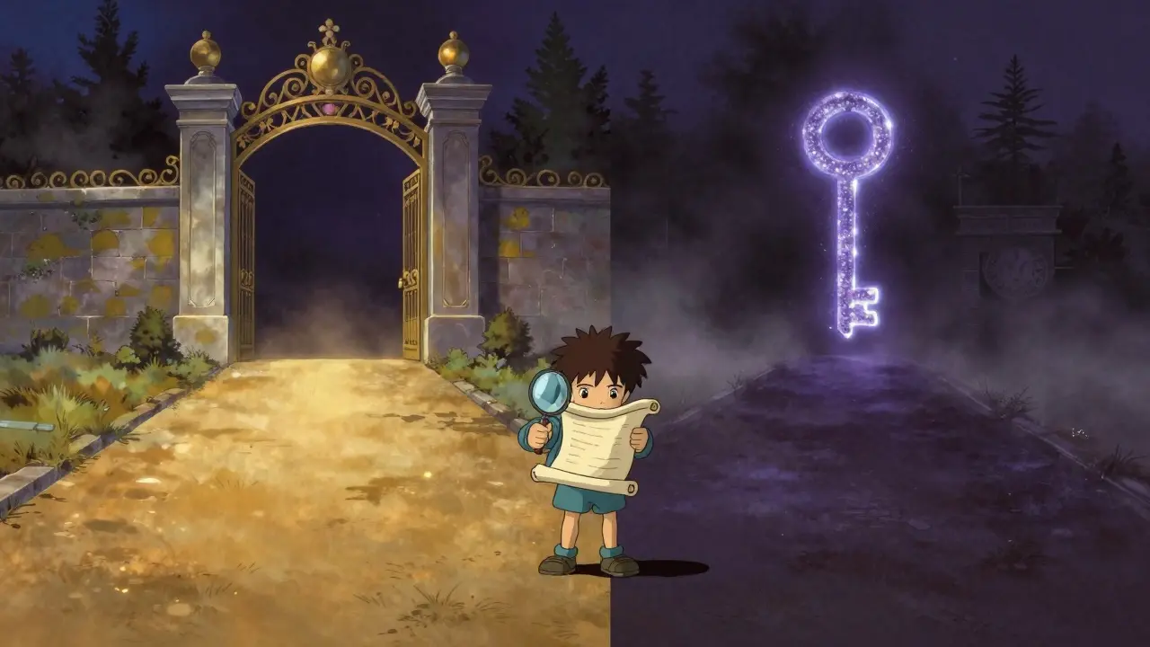 A character at a crossroads between a safe official gate and a dark scam path.